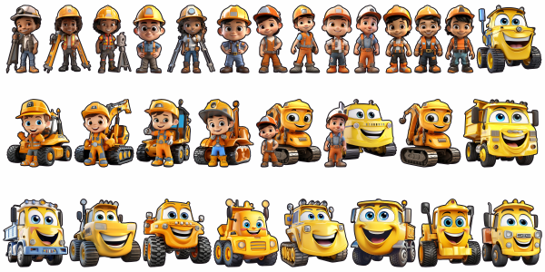 Preview: Wandtattoo Set Baufahrzeuge und Arbeiter zur freien Anordnung