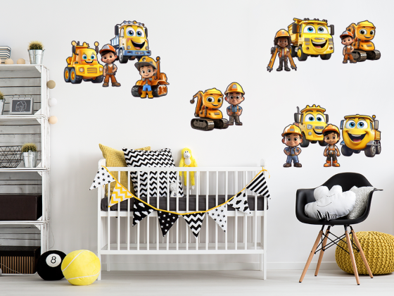 Preview: Wandtattoo Set Baufahrzeuge und Arbeiter