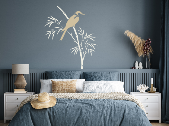 Preview: Wandtattoo Bunter Bambushalm mit Vogel