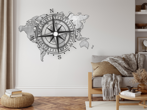 Preview: Wandtattoo Farbige Weltkarte mit Windrose Preview: Wandtattoo Farbige Weltkarte mit Windrose auf heller Wand - Ansicht Farbauswahl