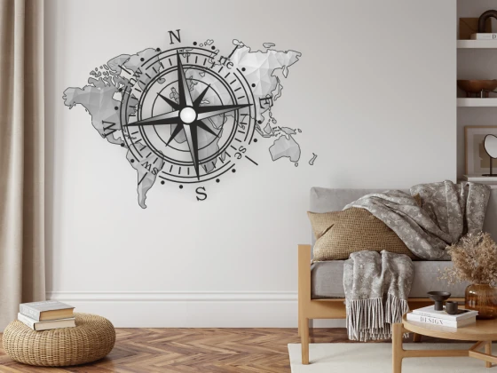 Wandtattoo Farbige Weltkarte mit Windrose auf heller Wand - Ansicht Farbauswahl