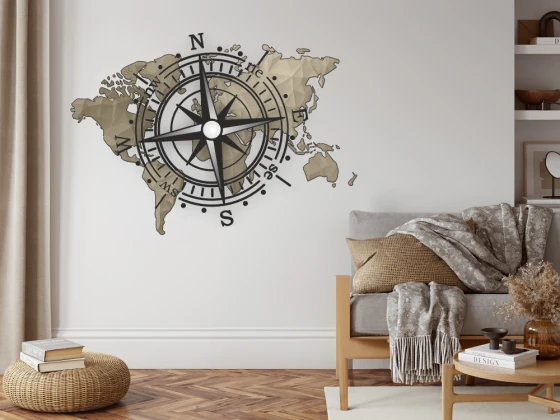 Wandtattoo Farbige Weltkarte mit Windrose auf heller Wand