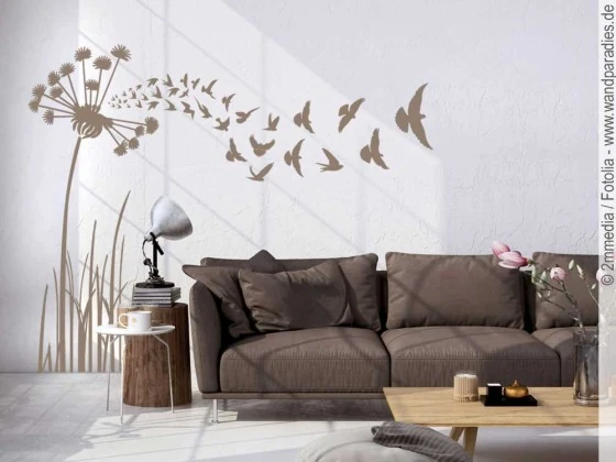 Wandtattoo Pusteblume mit Vögeln für Ihre Wand im Wohnzimmer