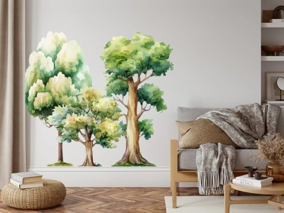 Wandtattoo Set Aquarell Bäume auf heller Wand im Wohnzimmer
