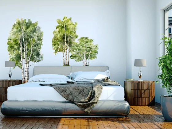 Wandtattoo Set Aquarell Birken auf heller Wand im Schlafzimmer