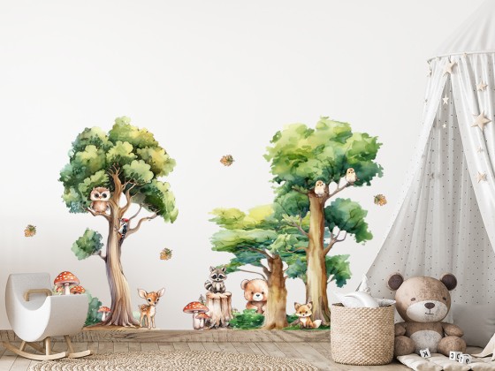 Preview: Wandtattoo Set Waldtiere mit Aquarell Laubbäumen