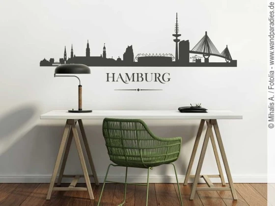 Wandtattoo mit der Skyline von Hamburg für die Wand im Büro