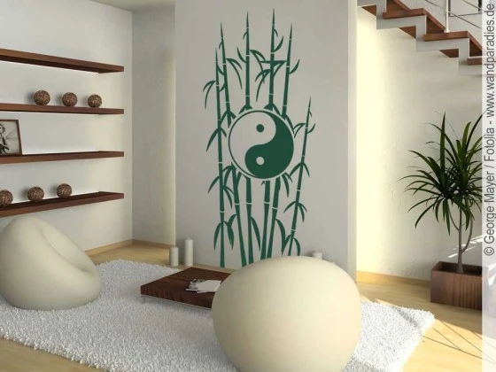 Wandaufkleber mit Yin und Yang Zeichen und Bambus