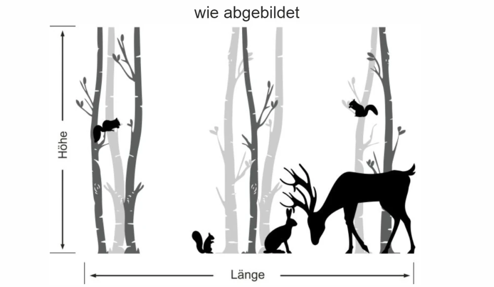 Aufkleber für die Wand mit Tieren zwischen Birkenstämmen - Ansicht Ausrichtung