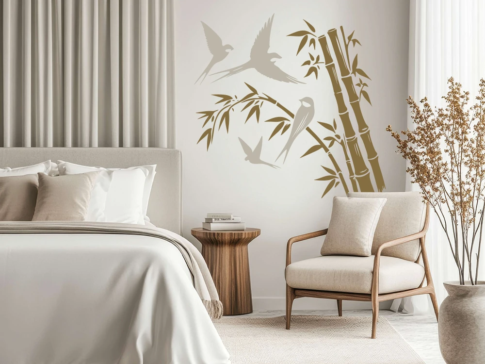 Buntes Wandtattoo Bambus mit Vögeln