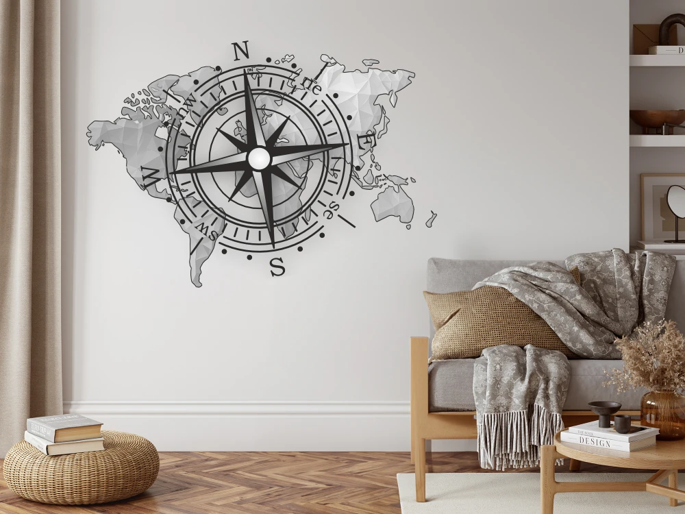 Wandtattoo Farbige Weltkarte mit Windrose auf heller Wand - Ansicht Farbauswahl Wandtattoo Farbige Weltkarte mit Windrose auf heller Wand - Ansicht Farbauswahl