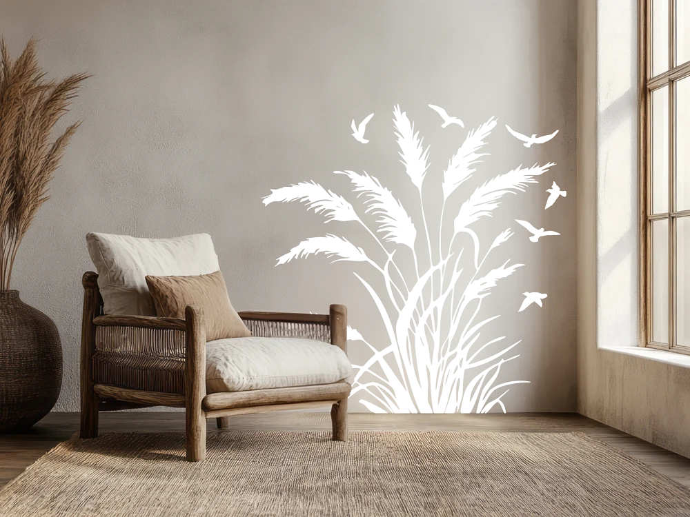 Wandtattoo Pampasgras mit Vogelschwarm - Ansicht Farbauswahl Wandtattoo Pampasgras mit Vogelschwarm - Ansicht Farbauswahl