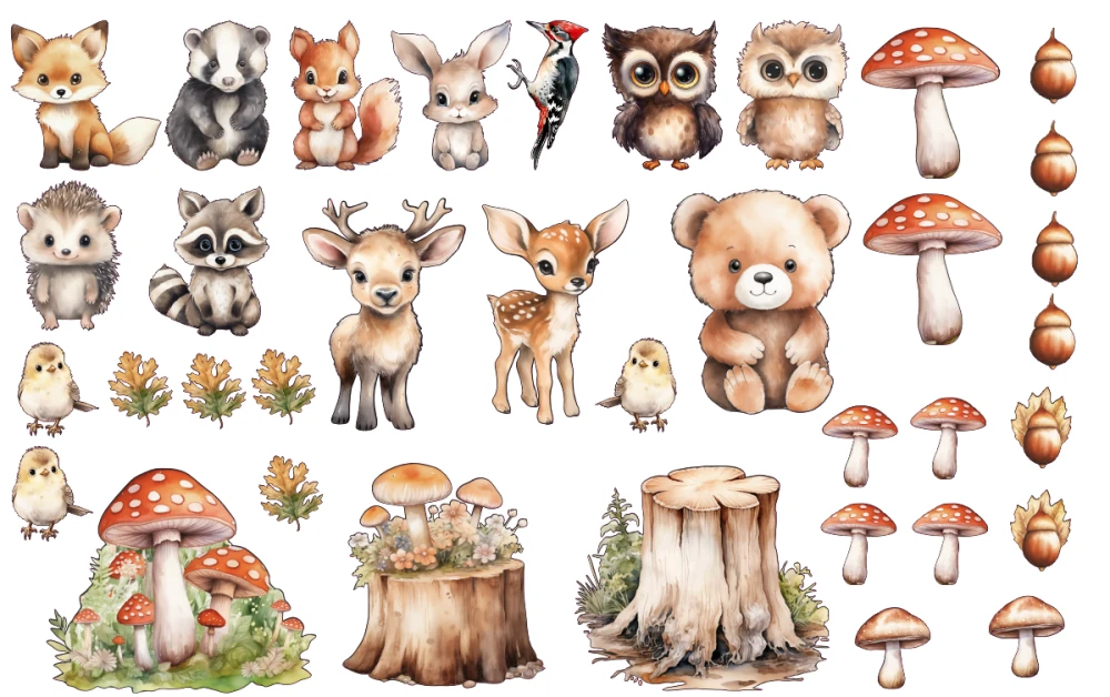 Wandtattoo Set Waldtiere mit Aquarell Tannen - Komplettansicht Tiere