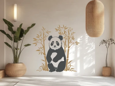 Buntes Wandtattoo Bambuspflanze mit Panda