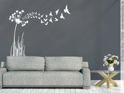 Wanddekoration mit Pusteblume und Vögel