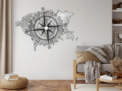 Wandtattoo Farbige Weltkarte mit Windrose auf heller Wand - Ansicht Farbauswahl