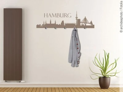 Mobile Preview: Wandtattoo Garderobe mit Hamburger Skyline für die Diele