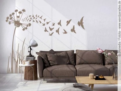 Mobile Preview: Wandtattoo Pusteblume mit Vögeln für Ihre Wand im Wohnzimmer