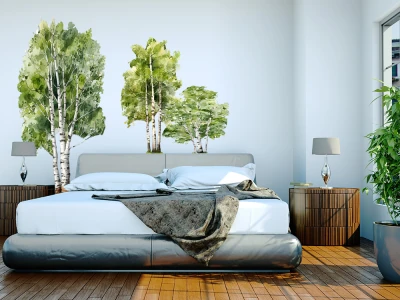 Wandtattoo Set Aquarell Birken auf heller Wand im Schlafzimmer