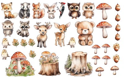 Wandtattoo Set Waldtiere mit Aquarell Tannen - Komplettansicht Tiere